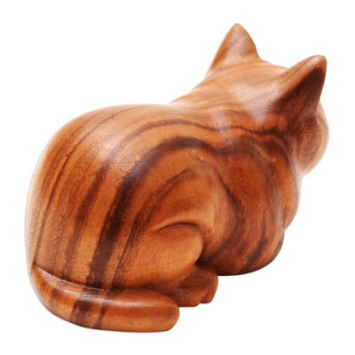 Wood statuette, 'Lazy Cat' - Hand Painted Suar Wood Cat Statuette