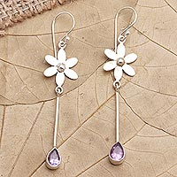 Amethyst dangle earrings, 'Purple Wand' - Handmade Amethyst Floral-Motif Dangle Earrings