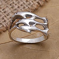Sterling silver cocktail ring, 'Synchronized Swimmers' - Sterling Silver Dolphin-Themed Cocktail Ring