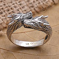 Men's sterling silver wrap ring, 'Dragon Romance'