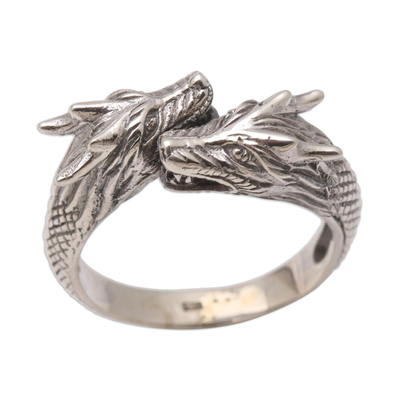 Men's sterling silver wrap ring, 'Dragon Romance' - Men's Sterling Silver Dragon Ring