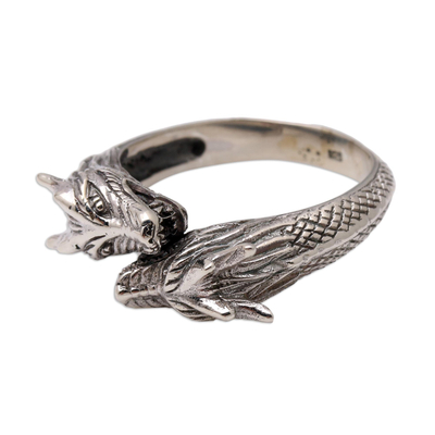 Men's sterling silver wrap ring, 'Dragon Romance' - Men's Sterling Silver Dragon Ring