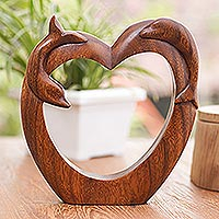 Suar Wood Heart and Dolphin Motif Statuette,'Dolphin Romance'