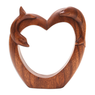 Wood statuette, 'Dolphin Romance' - Suar Wood Heart and Dolphin Motif Statuette