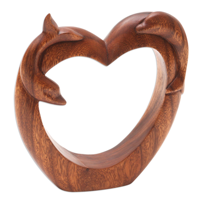 Wood statuette, 'Dolphin Romance' - Suar Wood Heart and Dolphin Motif Statuette