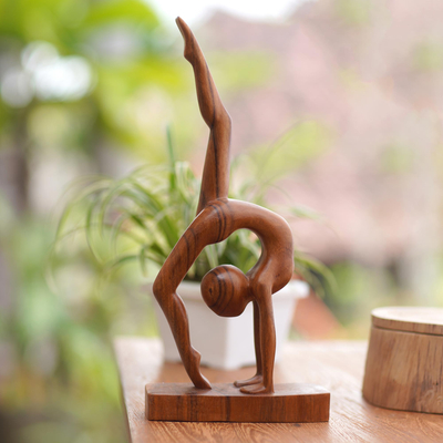 Wood sculpture, 'Pincha Mayurasana' - Hand Carved Suar Wood Yoga Sculpture