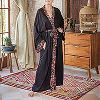 Rayon batik robe, 'Orange Elegance' - Rayon Robe with Black and Orange Batik Pattern from Java