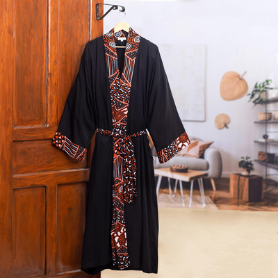 Rayon batik robe, 'Orange Elegance' - Rayon Robe with Black and Orange Batik Pattern from Java
