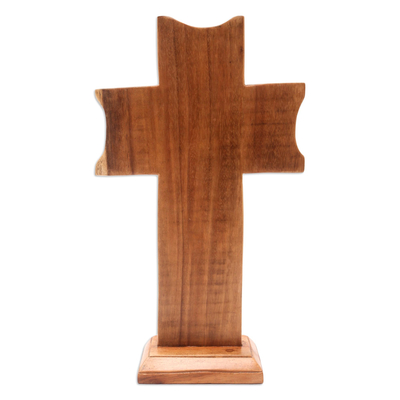 Wood sculpture, 'Frangipani Sign' - Suar Wood Cross-Motif Sculpture