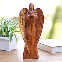 Escultura de madera, 'Ángel en paz' ​​- Escultura de ángel de madera de suar de Bali