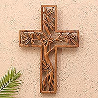 Wood relief panel, 'Blessed Cross' - Handmade Suar Wood Cross Relief Panel