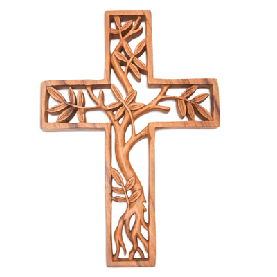 Wood relief panel, 'Blessed Cross' - Handmade Suar Wood Cross Relief Panel