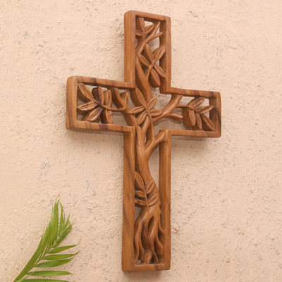 Reliefplatte aus Holz - Handgefertigte Kreuzreliefplatte aus Suarholz