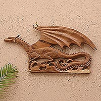 Wood relief panel, 'Tails and Scales' - Suar Wood Dragon-Motif Relief Panel