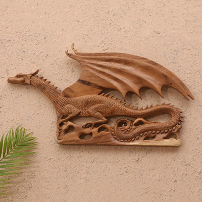 Panel en relieve de madera - Panel relieve de madera de suar con motivo de dragón