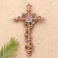 Wood relief panel, 'Floral Faith' - Artisan Crafted Suar Wood Cross Relief Panel