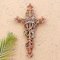Wood relief panel, 'Vine Forest' - Hand Crafted Suar Wood Cross Relief Panel