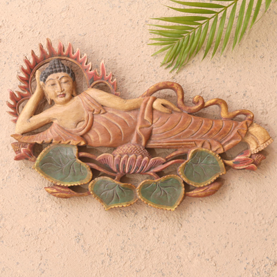 Panel en relieve de madera - Panel en relieve tallado a mano con el tema de Buda