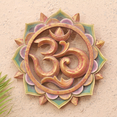 Wood relief panel, 'Lotus Ongkara ' - Hand Made Om-Themed Relief Panel
