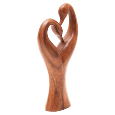 Wood sculpture, 'Swan Romance' - Romantic Suar Wood Swan Sculpture