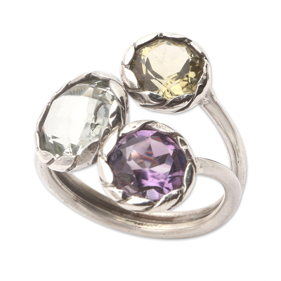 Multi-gemstone wrap ring, 'Lollipop Trio' - Hand Crafted Amethyst and Lemon Quartz Wrap Ring