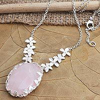 Rose quartz pendant necklace, 'Rose Bush' - Sterling Silver and Rose Quartz Floral Pendant Necklace