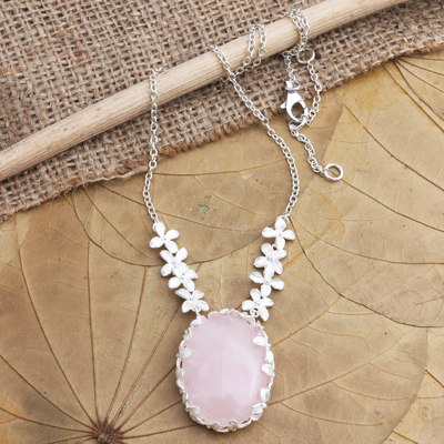 Rose quartz pendant necklace, 'Rose Bush' - Sterling Silver and Rose Quartz Floral Pendant Necklace