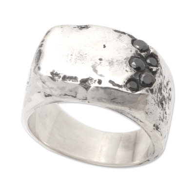 Men's crystal cocktail ring, 'Crush on Him' - Men's Sterling Silver and Black Crystal Cocktail Ring