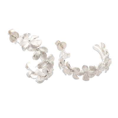 Sterling Silver Floral-Motif Half-Hoop Earrings