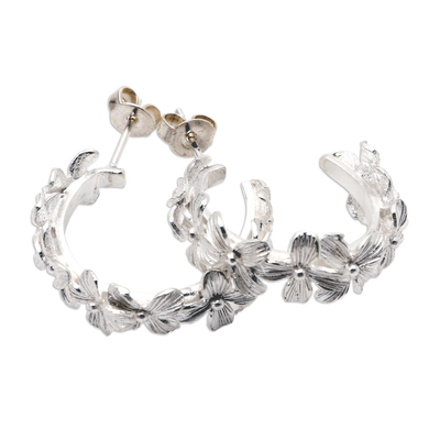 Sterling silver half-hoop earrings, 'Talk About It' - Sterling Silver Floral-Motif Half-Hoop Earrings