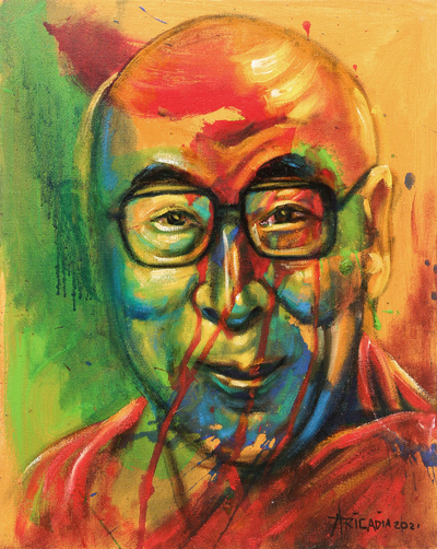 'The Holy Dalai Lama' - Signed Portrait Painting on Canvas