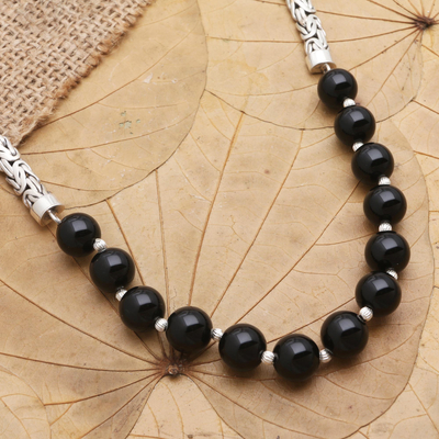 Charm necklace, onyx beads & silver