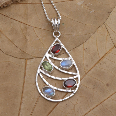 Multi-gemstone pendant necklace, 'Rainbow Skyline' - Garnet and Rainbow Moonstone Pendant Necklace