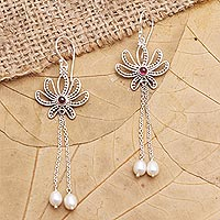 Cultured pearl and garnet dangle earrings, 'Passionate Lotus'