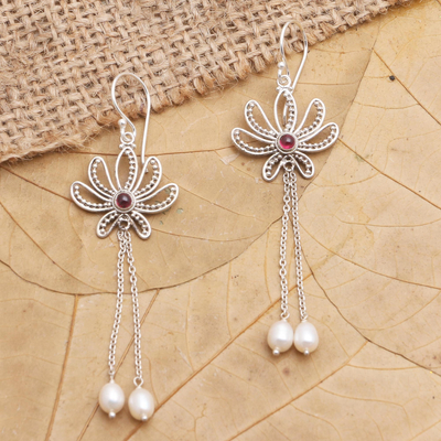 Cultured pearl and garnet dangle earrings, 'Passionate Lotus' - Handcrafted Cultured Pearl and Garnet Dangle Earrings