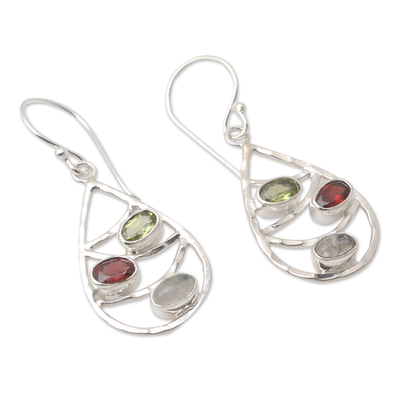 Multi-gemstone dangle earrings, 'Rainbow Skyline' - Hand Made Peridot and Garnet Dangle Earrings