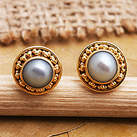 Gold-plated cultured pearl stud earrings, 'Wake Me Up'