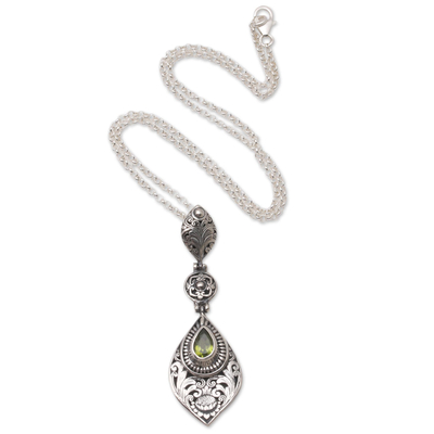Peridot pendant necklace, 'Lotus Lake in Green' - Balinese Sterling Silver and Peridot Pendant Necklace