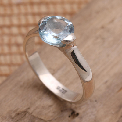 anillo de topacio azul con una sola piedra - Anillo de plata de ley y topacio azul con una sola piedra
