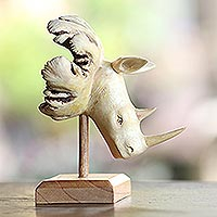 Wood statuette, 'Rhino Dive' - Jempinis Wood Rhino-Themed Statuette