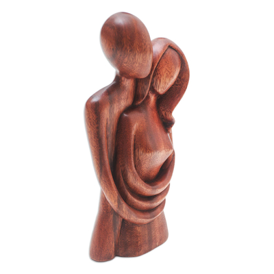 Wood statuette, 'Honeymoon Couple' - Handmade Romantic Suar Wood Sculpture