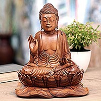 Wood sculpture, 'Lotus Mind' - Hand Crafted Suar Wood Buddha Sculpture
