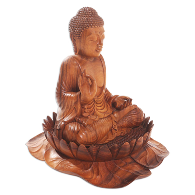Hand Crafted Suar Wood Buddha Sculpture - Lotus Mind | NOVICA