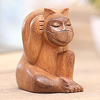 Wood statuette, 'Healthy Cat' - Hand Carved Suar Wood Cat Statuette