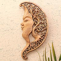 Panel de relieve de madera, 'Moon Over Garden' - Panel de relieve con motivo de luna de madera de suar hecho a mano