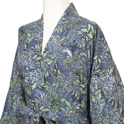 Hand-stamped cotton robe, 'Forest Growth' - Hand-Stamped Batik Cotton Robe with Tie Belt