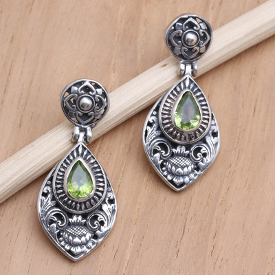 Peridot dangle earrings, 'Lotus Lake in Green' - Sterling Silver and Peridot Dangle Earrings