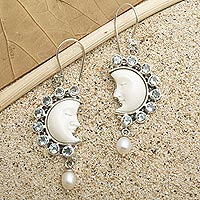 Blue topaz and cultured pearl dangle earrings, 'Goodnight Moon in Blue' - Blue Topaz and Cultured Pearl Crescent Moon Dangle Earrings