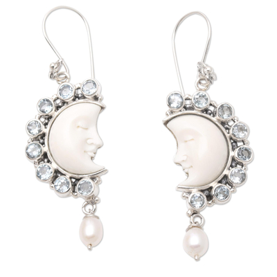 Blue topaz and cultured pearl dangle earrings, 'Goodnight Moon in Blue' - Blue Topaz and Cultured Pearl Crescent Moon Dangle Earrings