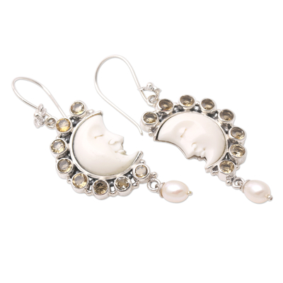 Citrine and cultured pearl dangle earrings, 'Goodnight Moon in Yellow' - Citrine and Cultured Pearl Crescent Moon Dangle Earrings